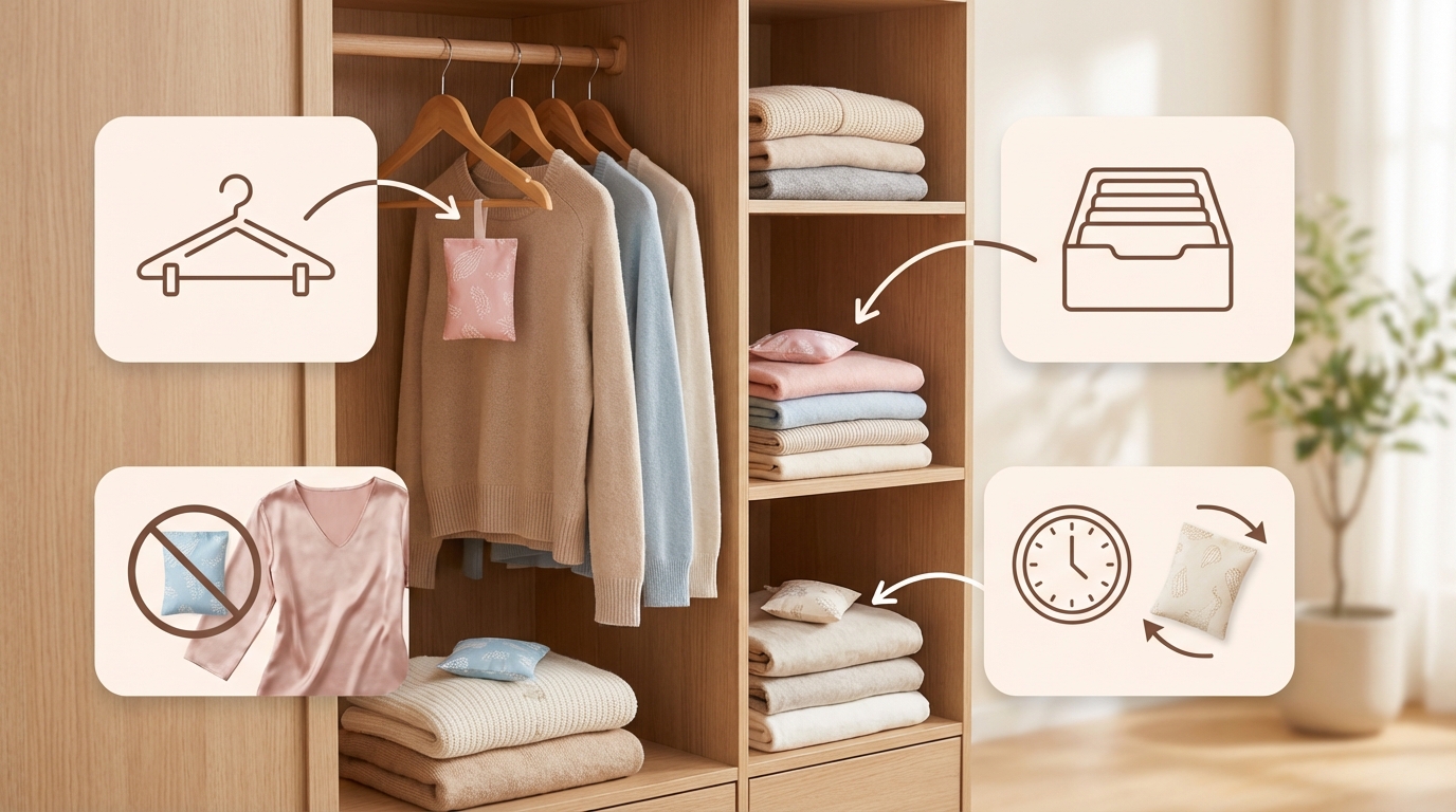 Túi thơm treo trong tủ quần áo gọn gàng