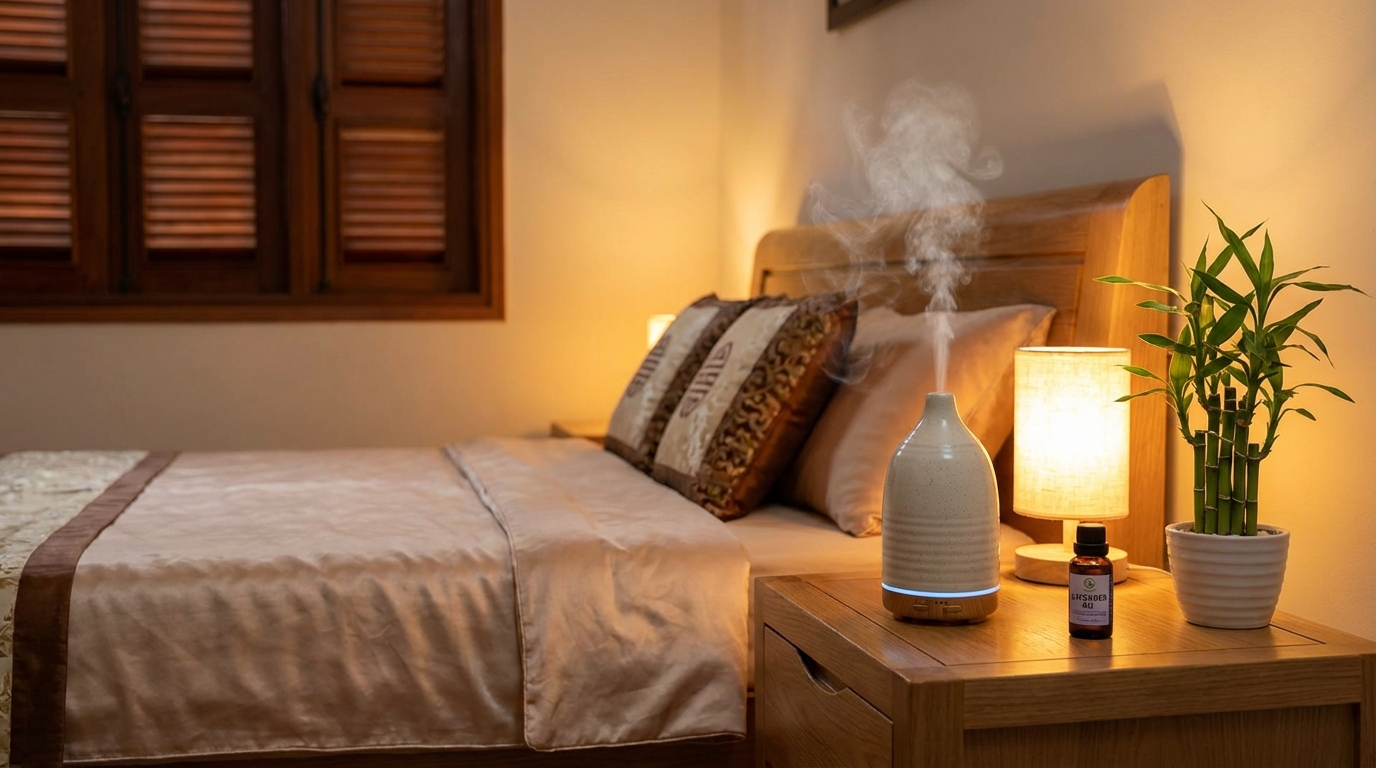 Máy khuếch tán tinh dầu trên bàn đầu giường, bên cạnh lọ tinh dầu lavender