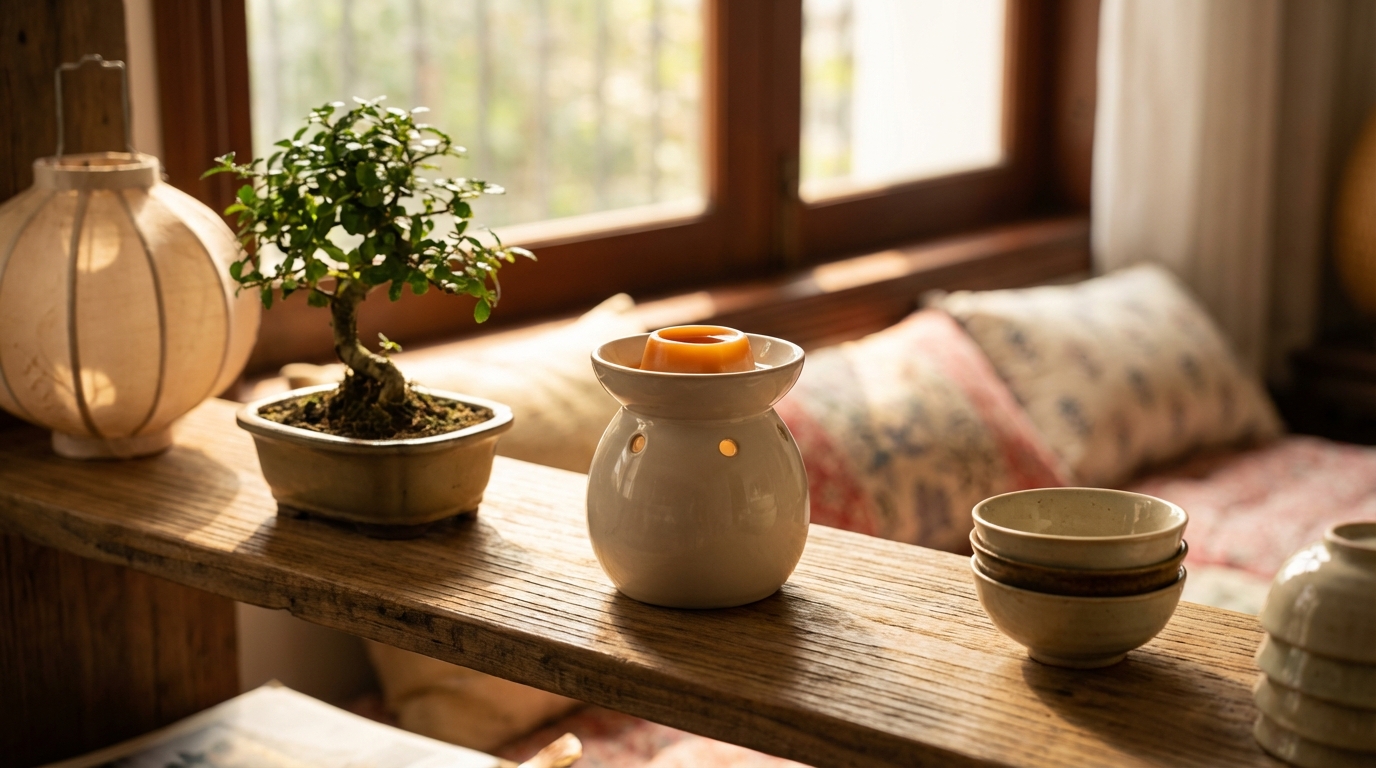 Sáp thơm đặt đẹp trên kệ phòng khách, không gian sống ấm cúng