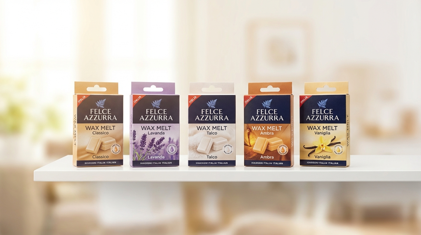 5 sản phẩm sáp thơm Felce Azzurra các mùi hương khác nhau xếp hàng đẹp mắt