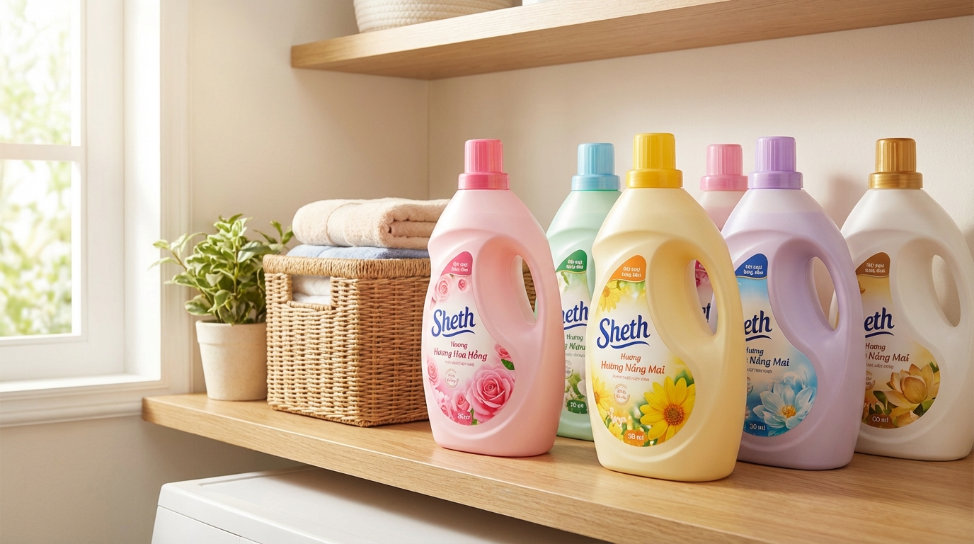 Nhiều chai nước xả vải đủ màu sắc xếp cạnh nhau trên kệ