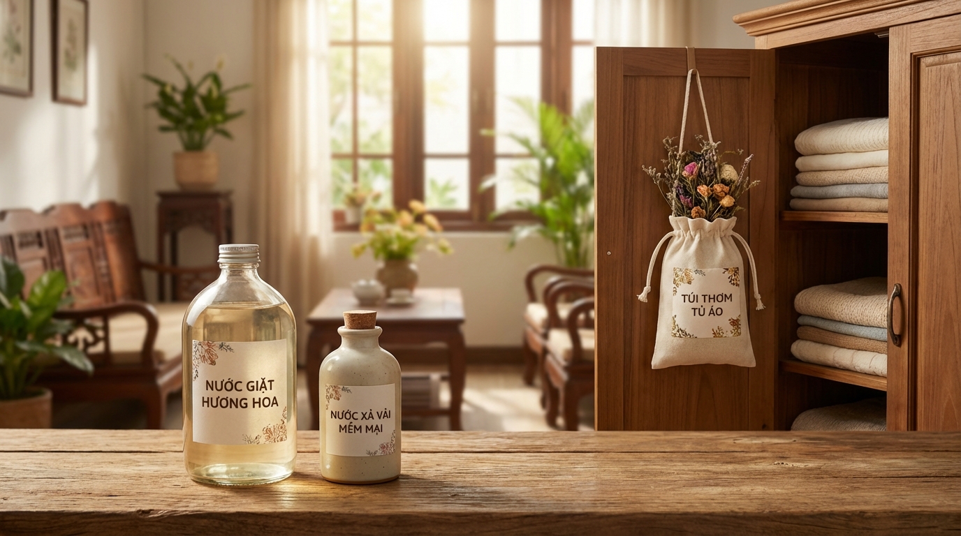 Ba sản phẩm tạo 3 tầng hương: nước giặt, nước xả, túi thơm treo tủ