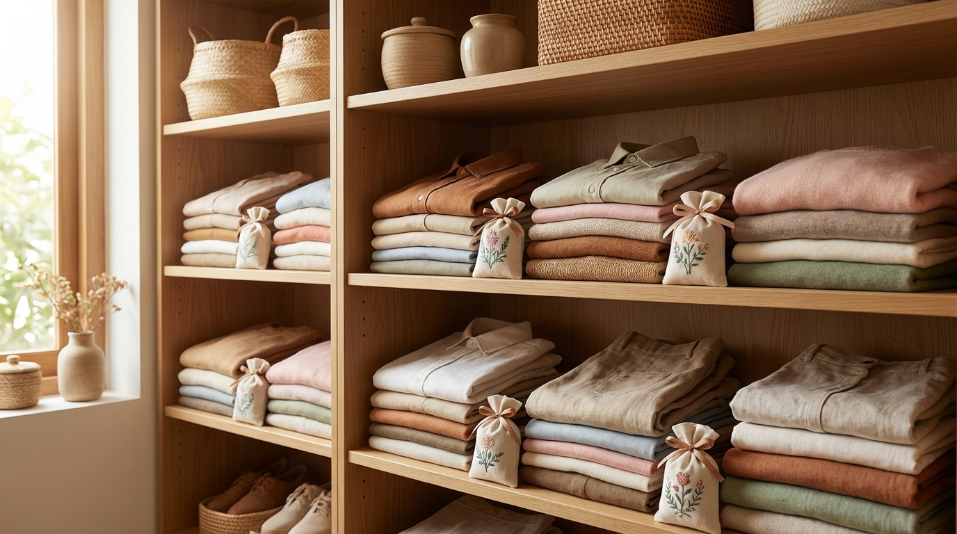 Quần áo gấp gọn trong tủ có túi thơm