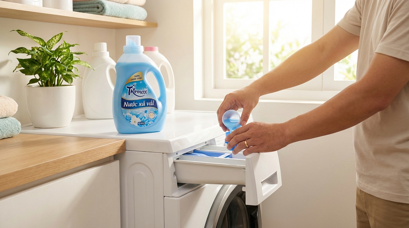 Đổ nước xả vào ngăn máy giặt đúng cách để quần áo thơm lâu