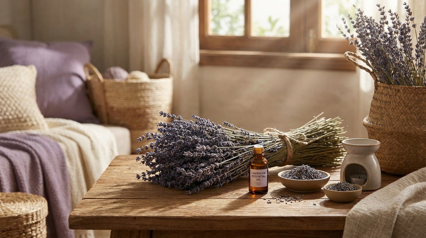 Bó hoa oải hương tím và sản phẩm lavender trên bàn trang trí
