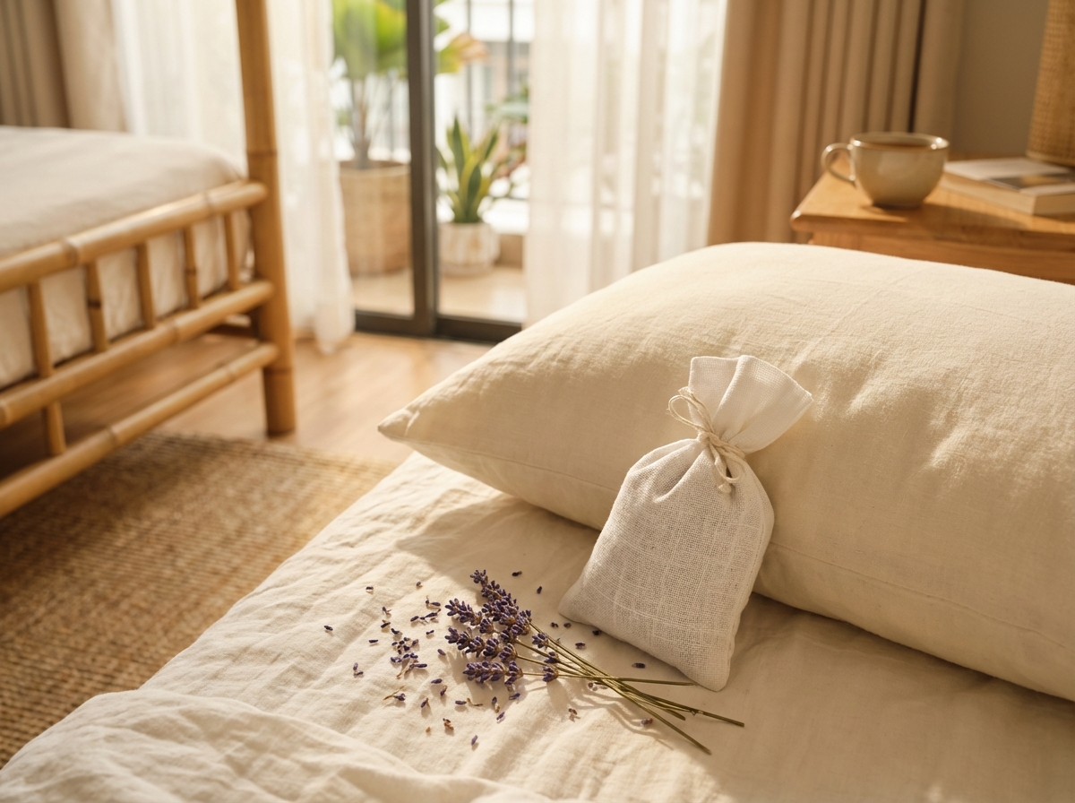 Túi lavender khô đặt trên gối ngủ trong phòng ngủ