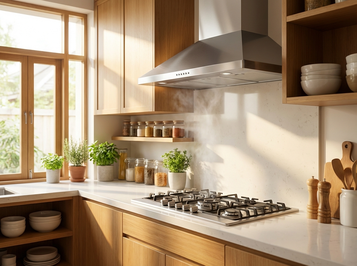 Máy hút mùi bếp đang hoạt động trên bếp nấu
