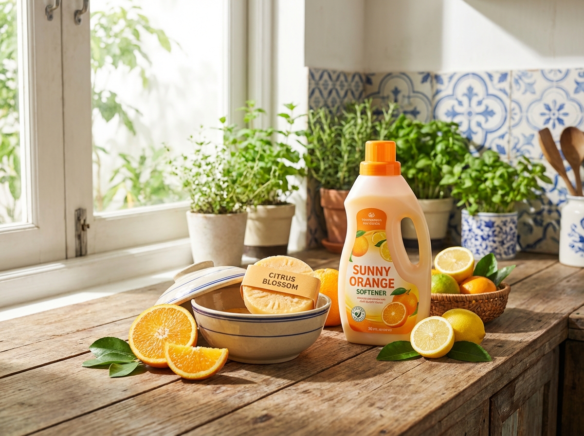 Sáp thơm citrus và nước xả hương cam trên quầy nhà bếp