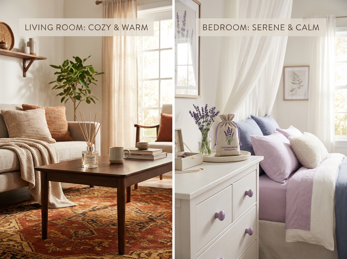 Hương thơm cho phòng khách và phòng ngủ: sandalwood ấm áp và lavender thư giãn