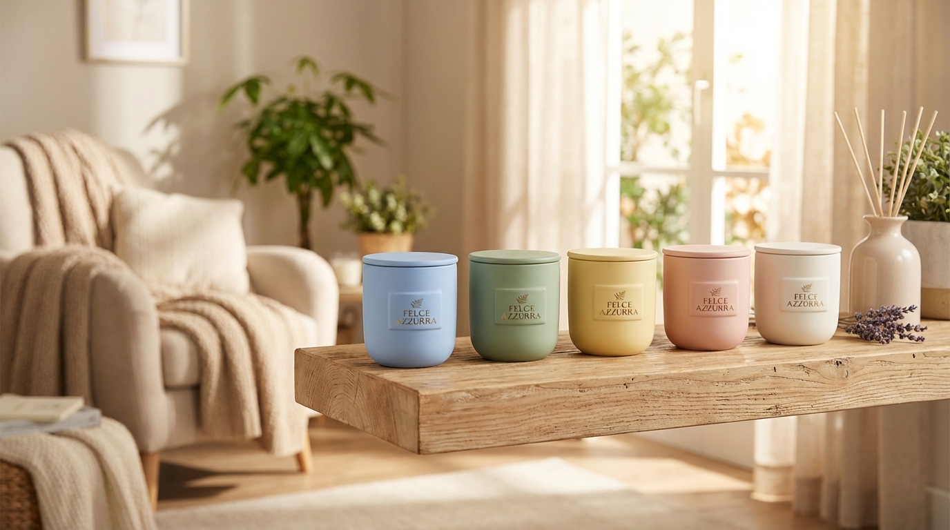 Năm hộp sáp thơm Felce Azzurra các màu sắc khác nhau xếp trên kệ gỗ ấm áp