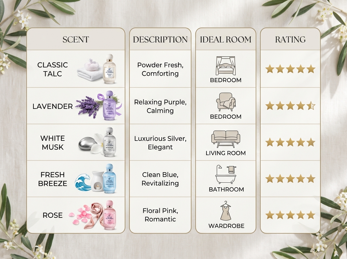 Bảng so sánh 5 mùi sáp thơm Felce Azzurra theo đặc điểm, xếp hạng và phòng phù hợp