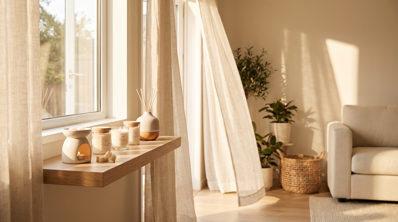 Sáp thơm đặt trên kệ phòng khách gần cửa sổ, ánh nắng nhẹ, không gian ấm cúng