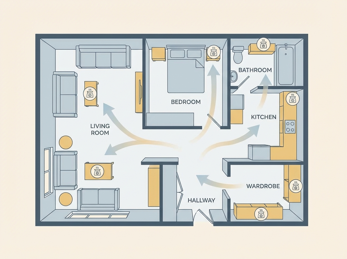 Sơ đồ mặt bằng nhà với vị trí đặt sáp thơm tối ưu cho từng phòng