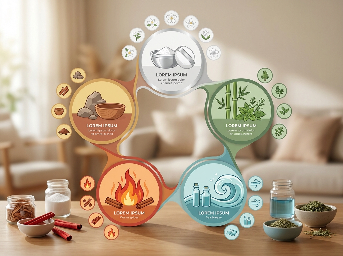 Bảng ngũ hành và hương thơm tương ứng: Kim, Mộc, Thủy, Hỏa, Thổ với màu sắc và mùi hương đặc trưng