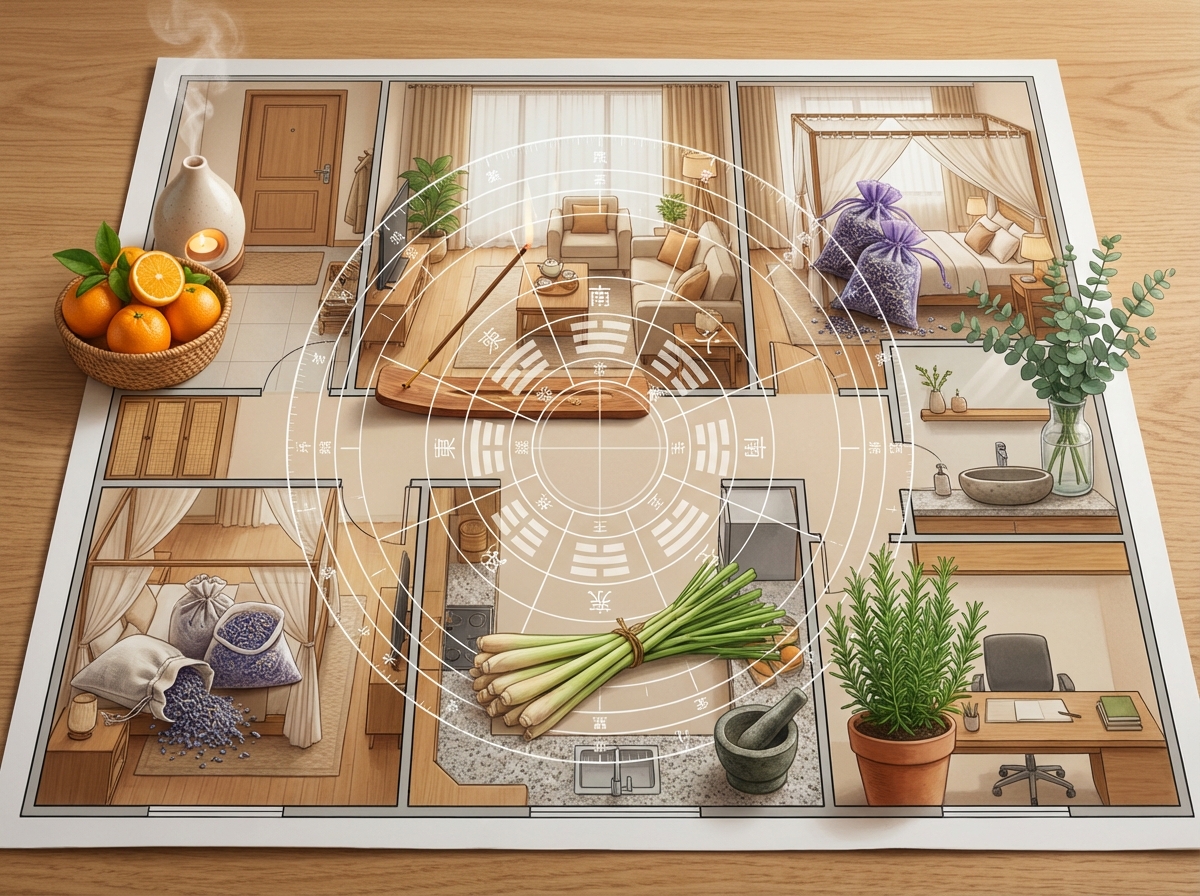 Sơ đồ ngôi nhà với hương thơm phong thủy phù hợp cho từng phòng: sảnh, phòng khách, phòng ngủ, bếp, phòng tắm