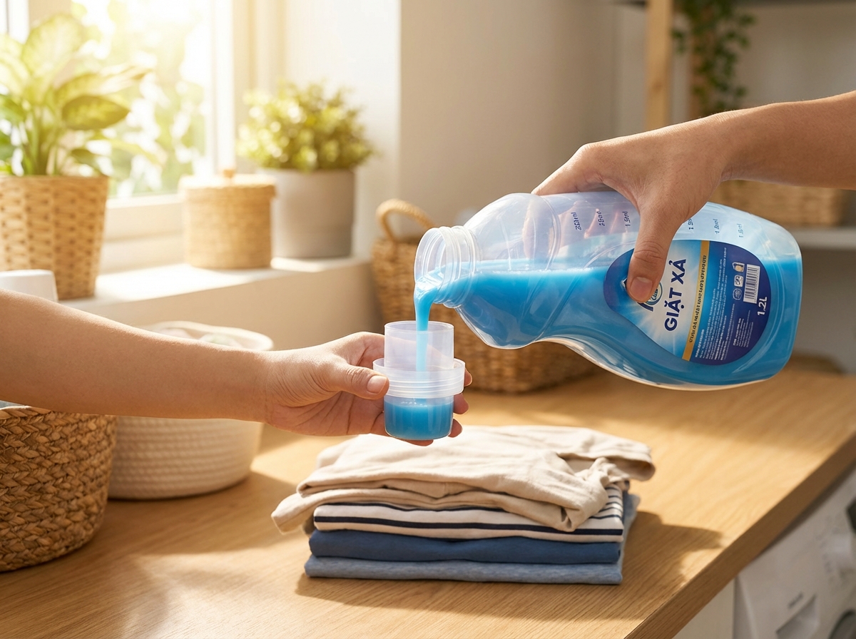 Đong nước giặt đúng liều lượng với nắp đong, tránh lãng phí