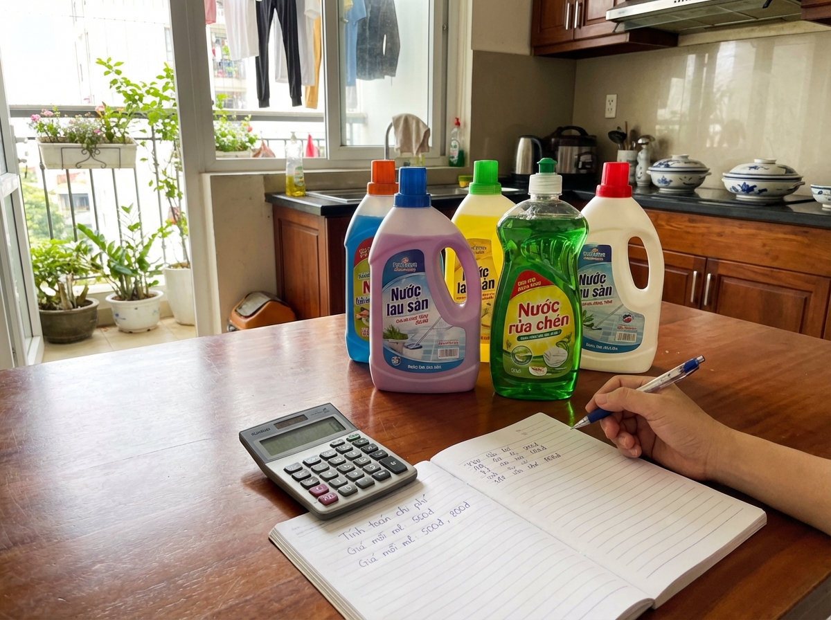 Máy tính và sổ ghi chép tính giá trên ml, so sánh chi phí mua sắm gia dụng thông minh