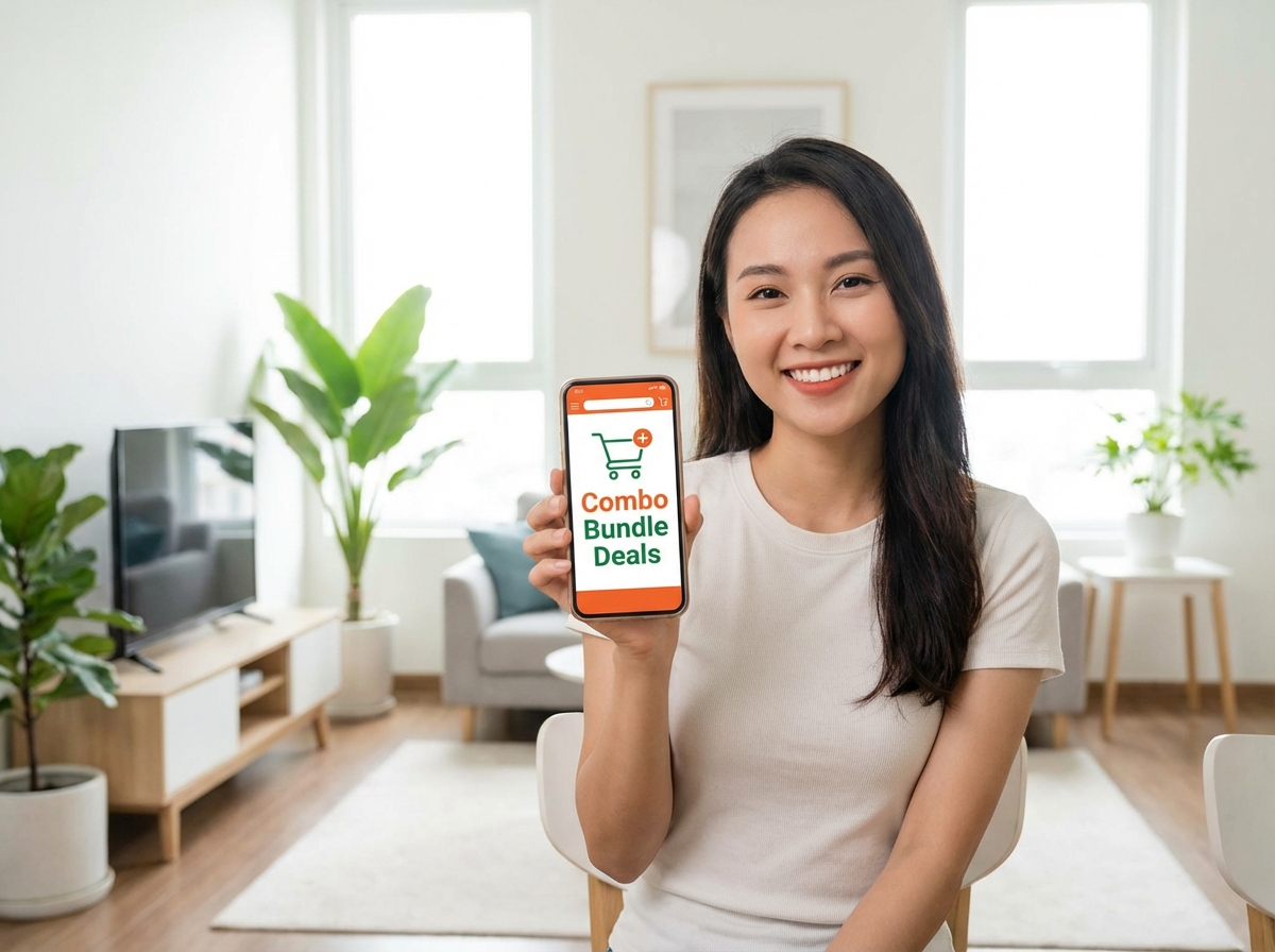 Người phụ nữ Việt Nam dùng điện thoại mua sắm online combo sản phẩm gia dụng thông minh