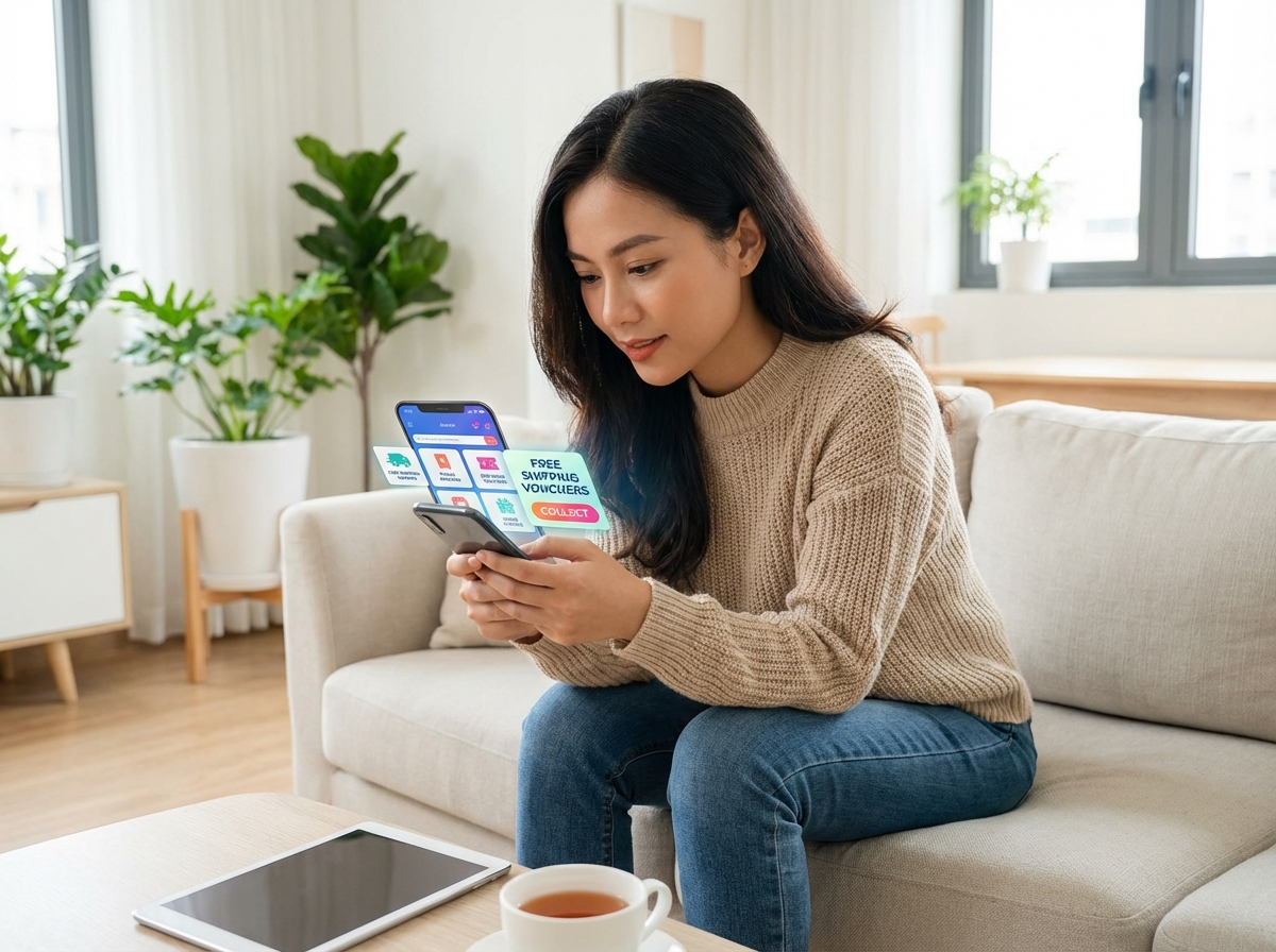 Người phụ nữ thu thập voucher freeship trên ứng dụng mua sắm online trên điện thoại
