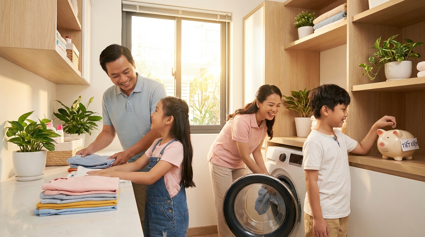 Gia đình vui vẻ bên máy giặt, quần áo sạch thơm - tiết kiệm chi phí giặt giũ
