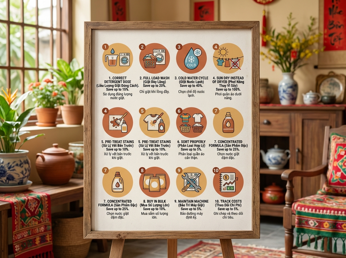 10 mẹo tiết kiệm chi phí giặt giũ chi tiết với tỷ lệ tiết kiệm