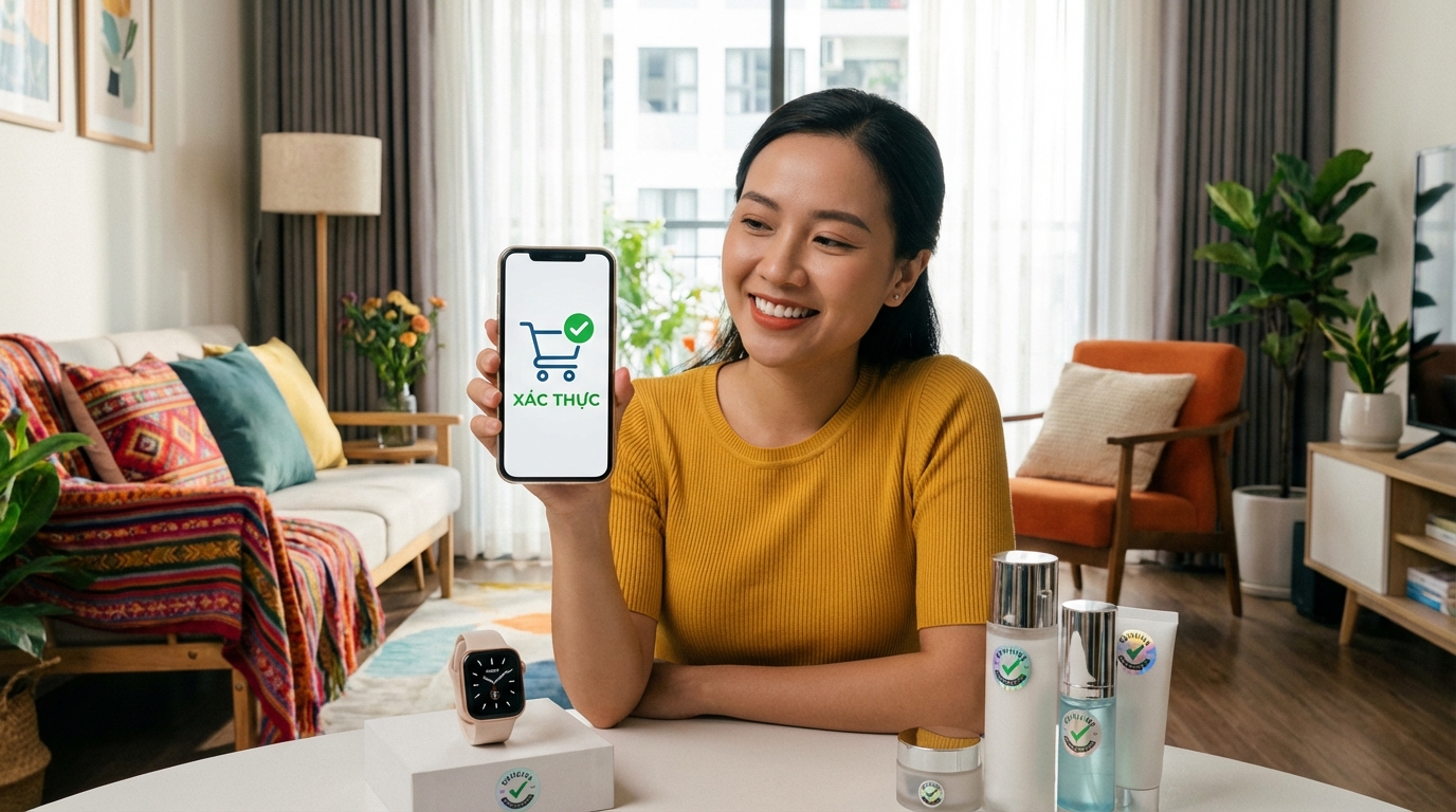 Phụ nữ mua sắm online an toàn, kiểm tra sản phẩm chính hãng trên điện thoại