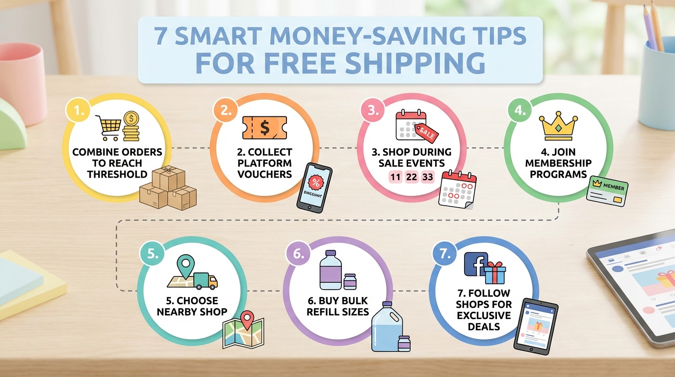 7 mẹo tiết kiệm phí ship: gom đơn, voucher, ngày sale, hội viên, shop gần, mua lớn, follow shop