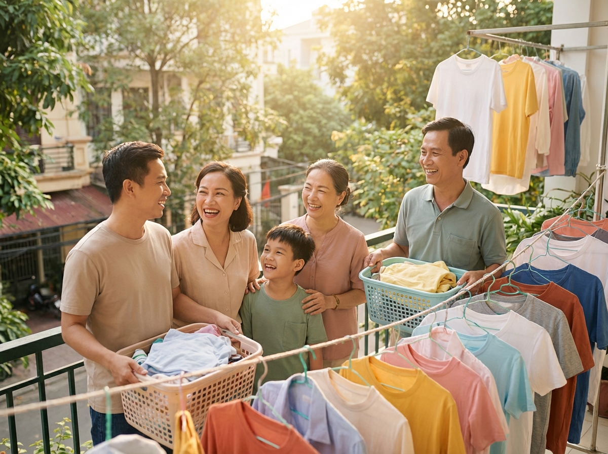 Gia đình vui vẻ với quần áo sạch thơm từ cách giặt tiết kiệm