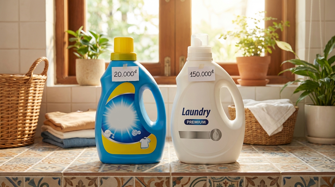 So sánh hai chai nước giặt đắt và rẻ đặt cạnh nhau