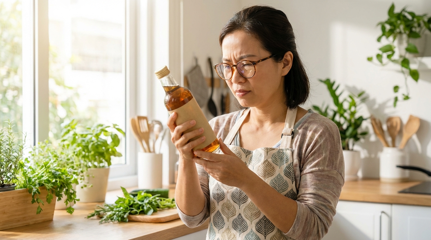 Phụ nữ Việt Nam đọc nhãn thành phần sản phẩm gia dụng trong bếp