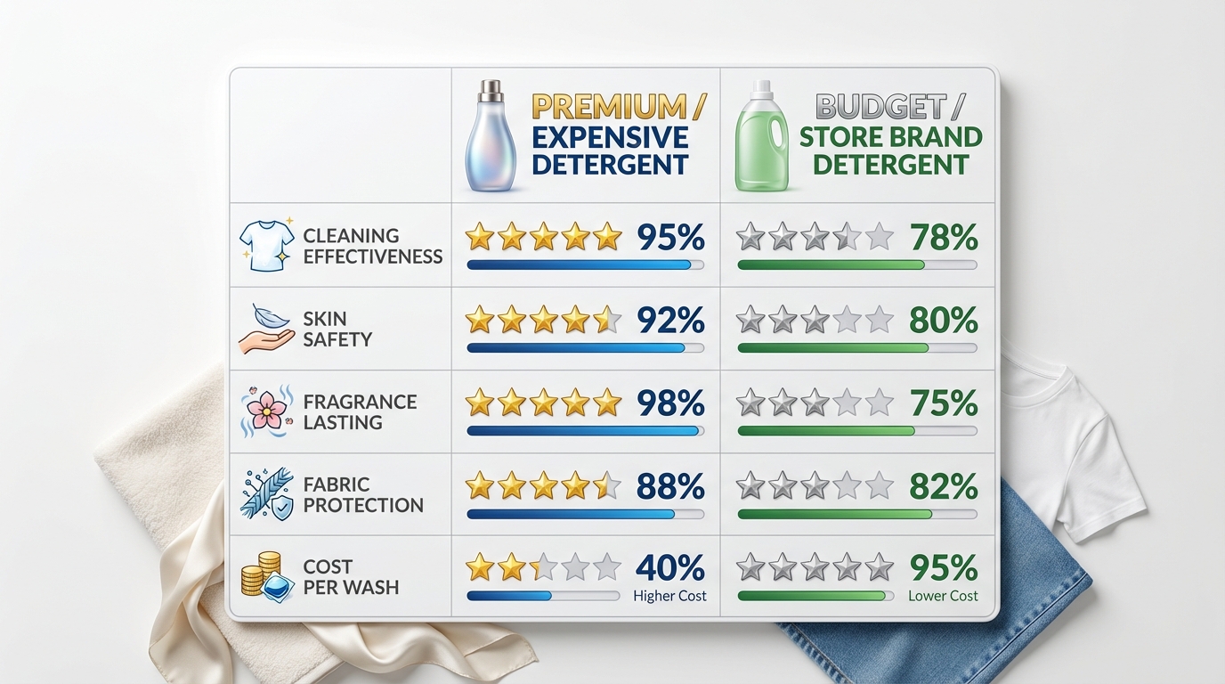 Bảng so sánh nước giặt đắt vs rẻ theo 5 tiêu chí - hiệu quả, an toàn, hương, vải, chi phí
