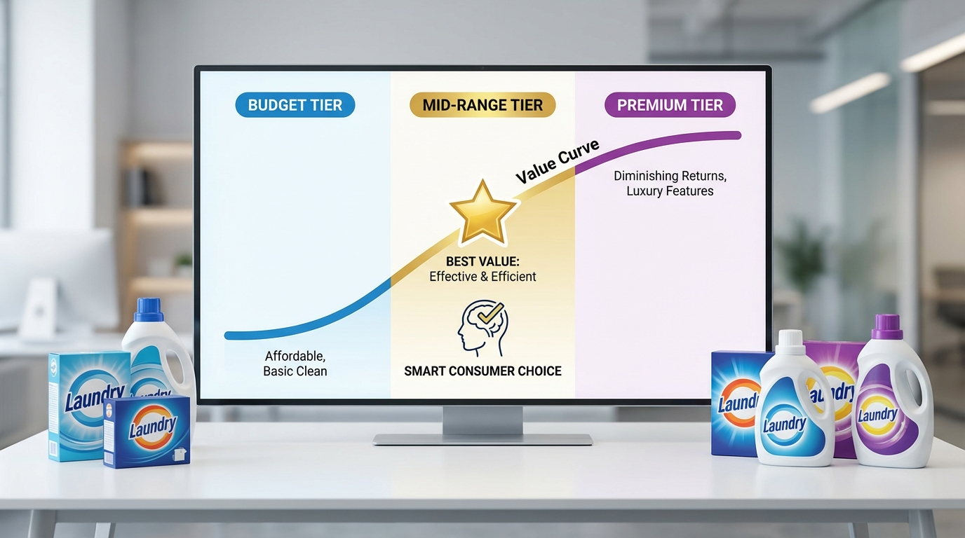 Biểu đồ sweet spot giá-chất lượng nước giặt: tầm trung là điểm tối ưu nhất