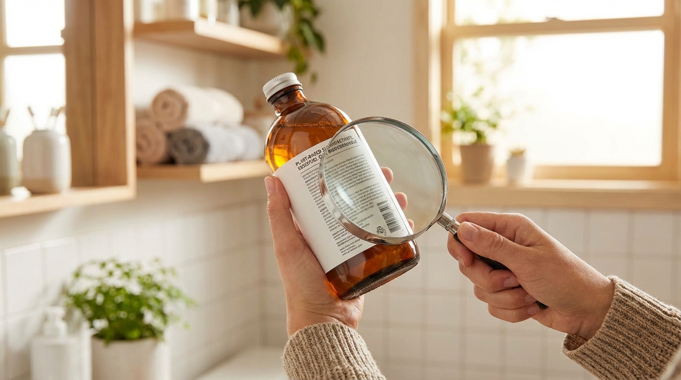 Tay cầm chai nước giặt đọc nhãn thành phần với kính lúp