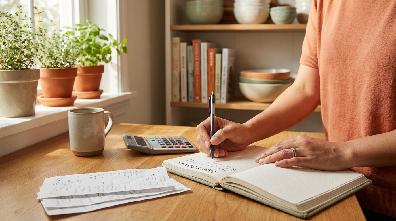 Phụ nữ Việt Nam viết sổ chi tiêu tại bàn bếp sáng sủa với máy tính và hóa đơn