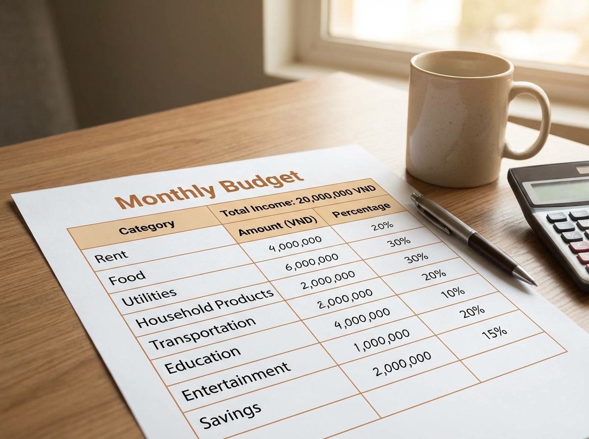 Bảng chi tiêu mẫu hàng tháng cho gia đình 4 người thu nhập 20 triệu