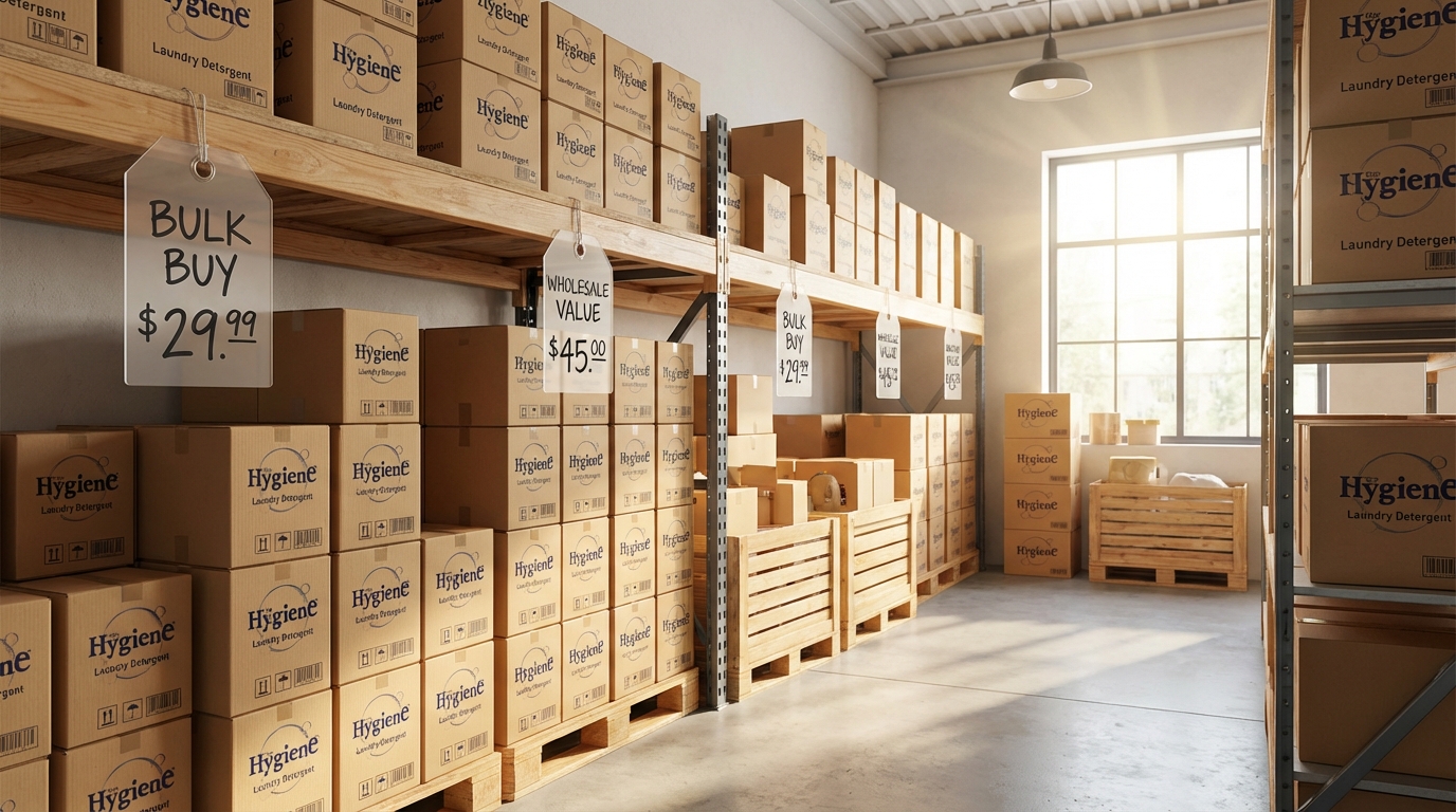 Thùng nước giặt Hygiene xếp gọn gàng trong kho nhỏ