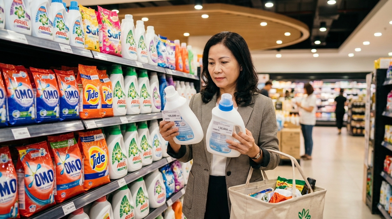 So sánh giá nước giặt ở các kênh bán hàng: siêu thị, Shopee, tạp hóa, Facebook