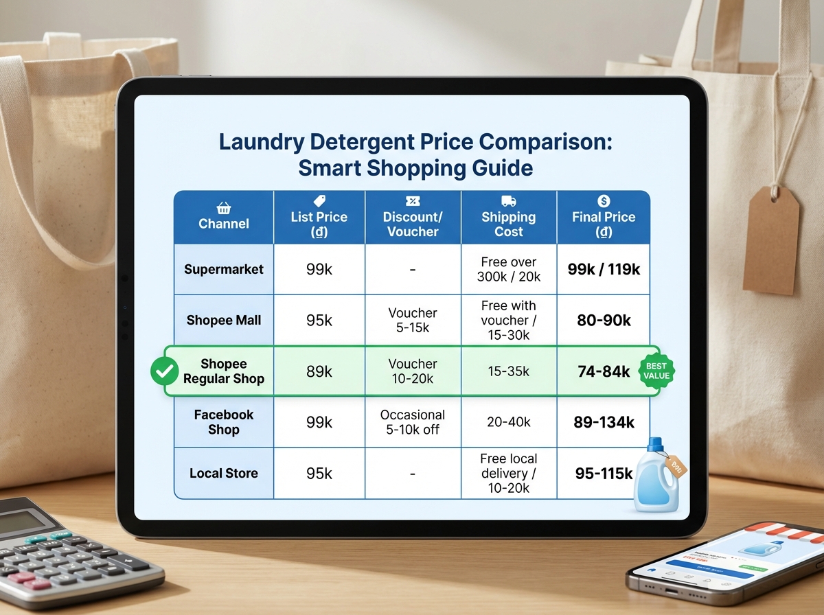 Bảng so sánh giá nước giặt Hygiene ở 5 kênh bán hàng với phân tích chi phí thực tế