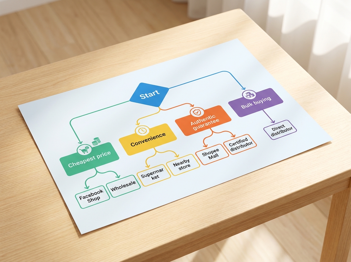 Flowchart chọn kênh mua nước giặt phù hợp theo ưu tiên của bạn
