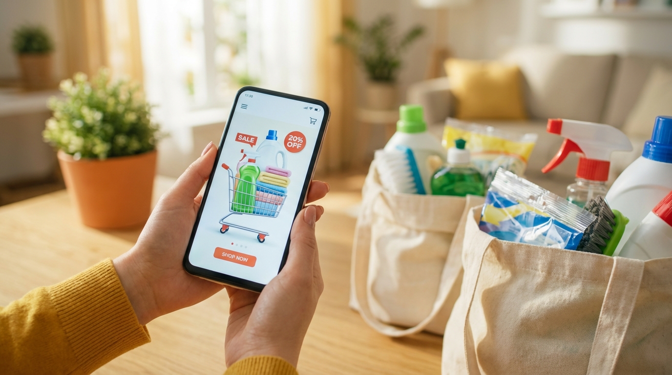 Phụ nữ cầm điện thoại xem giỏ hàng online đồ gia dụng với tag giảm giá