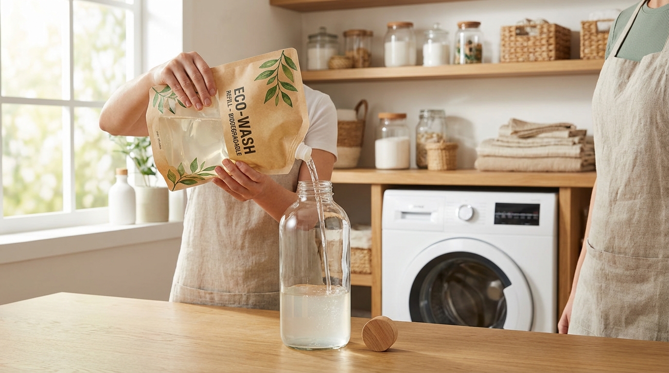 Rót nước giặt từ túi refill vào chai cũ trong phòng giặt gọn gàng