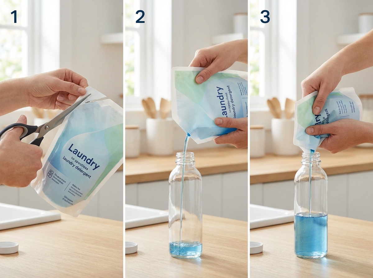 3 bước rót nước giặt từ túi refill không đổ