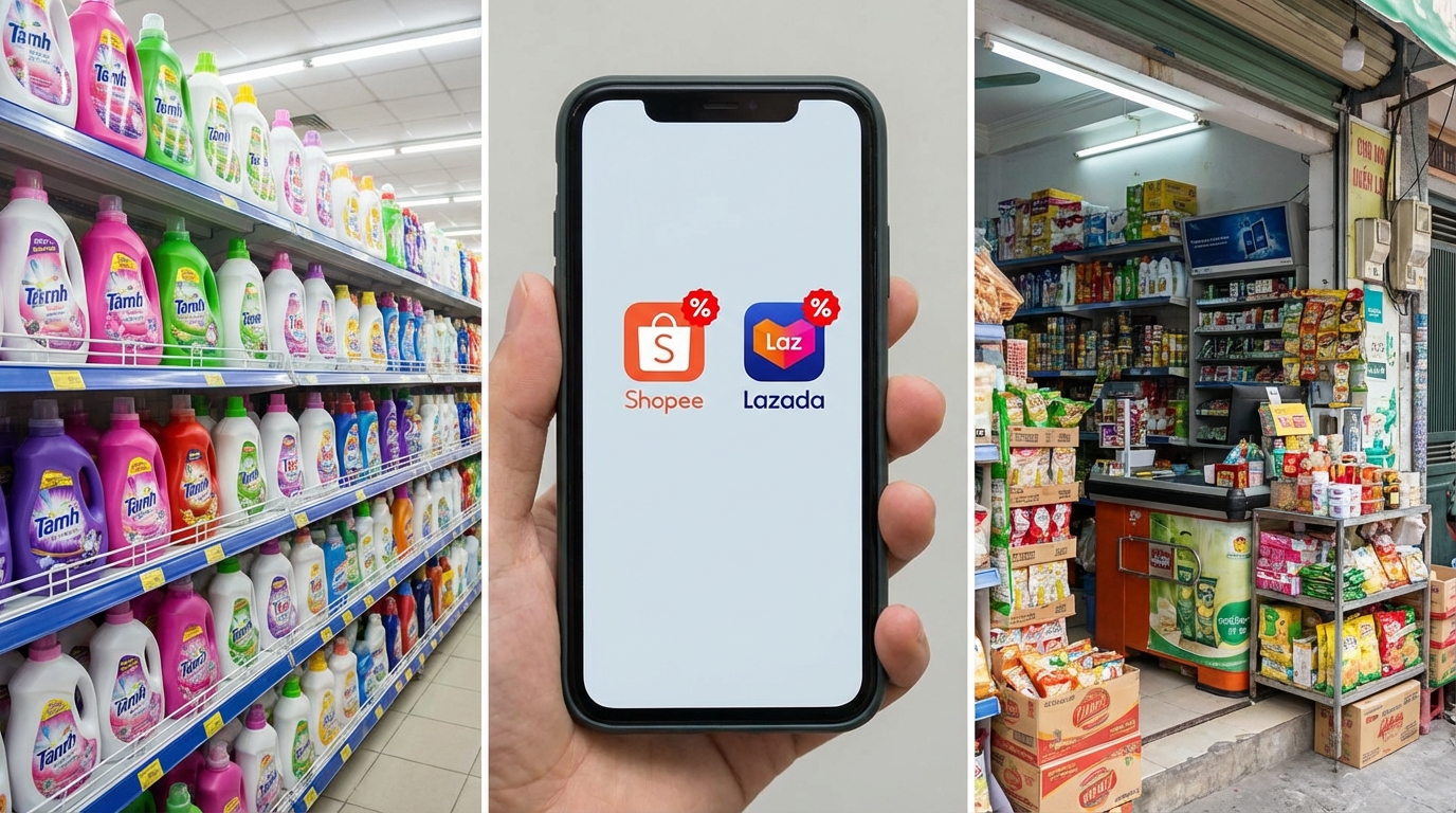 So sánh các kênh mua nước giặt: siêu thị, online, cửa hàng tiện lợi