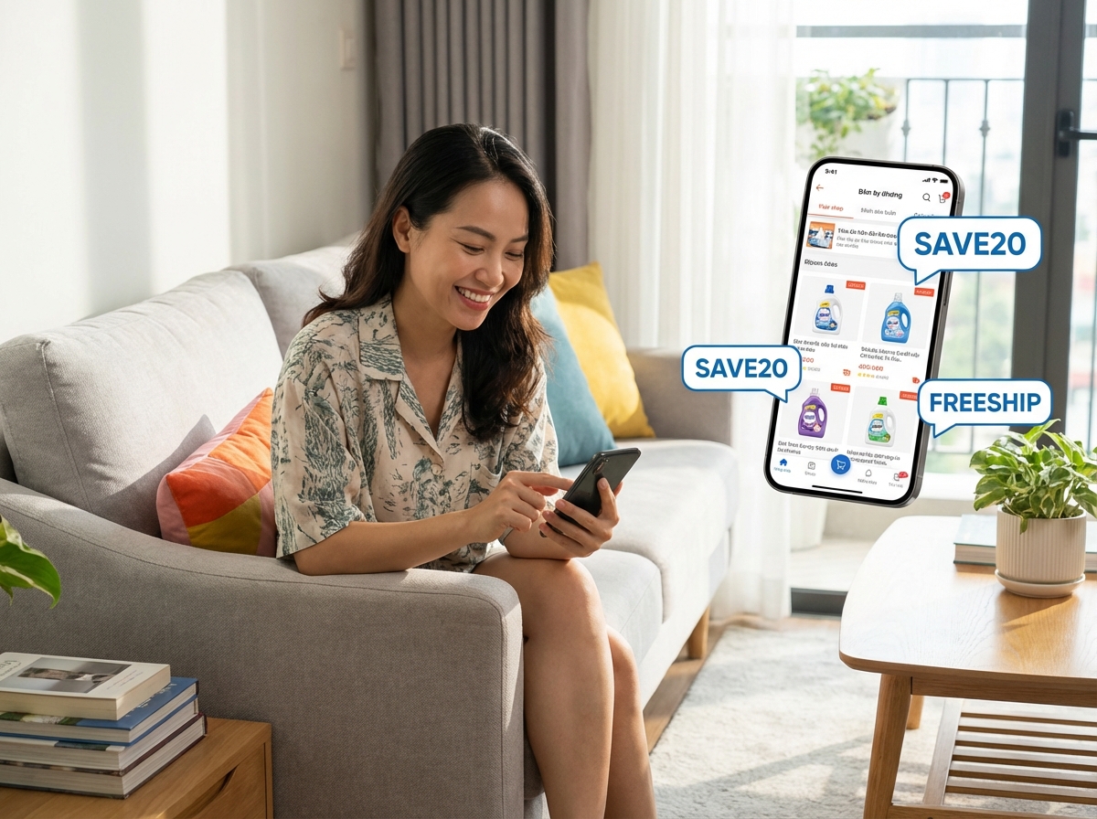 Mua nước giặt online trên điện thoại với voucher giảm giá hấp dẫn