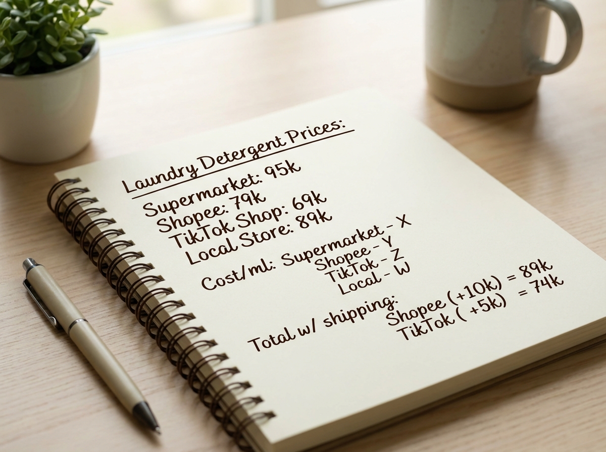 Ghi chú so sánh giá nước giặt ở các kênh tính cả phí ship và voucher