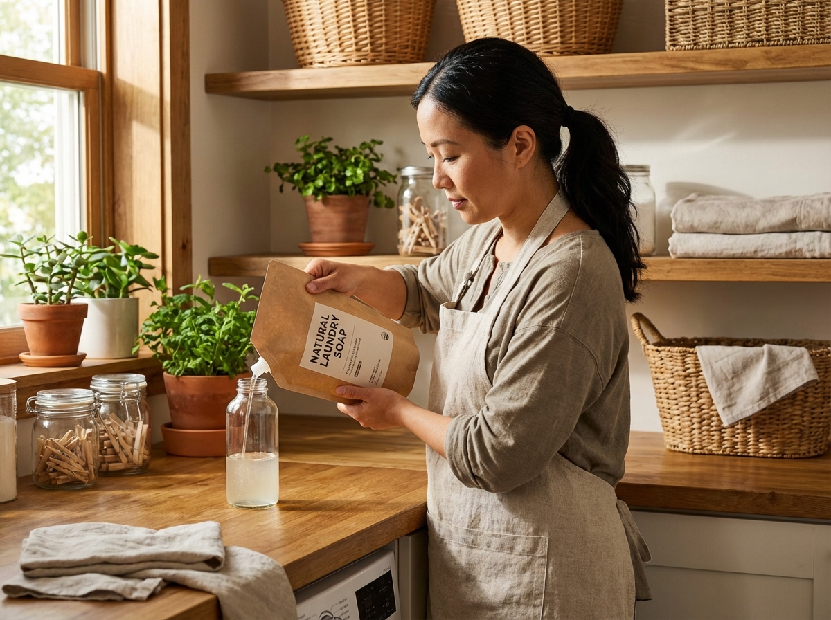 Đổ nước giặt từ túi refill vào chai - thân thiện môi trường