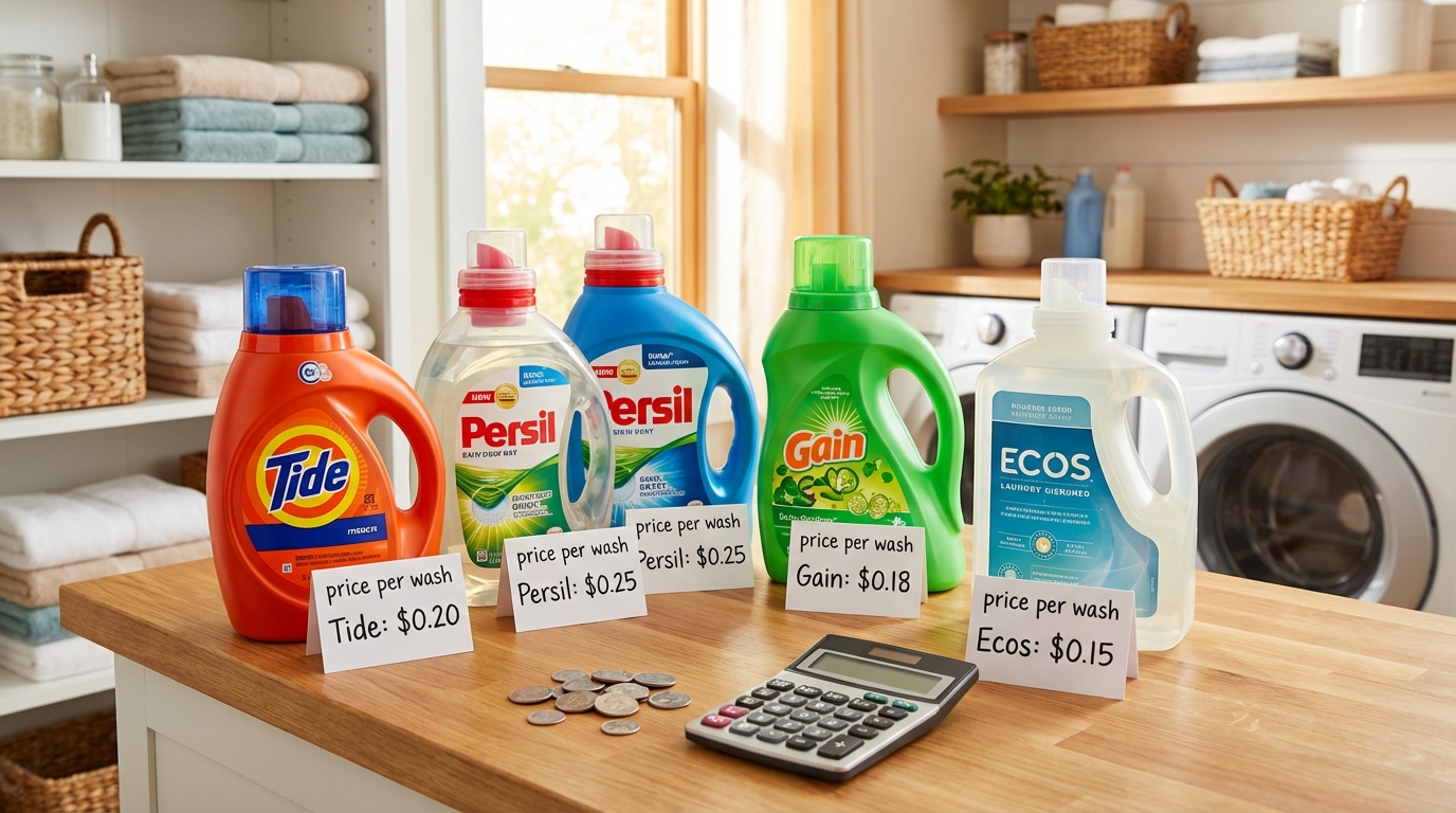 So sánh giá các chai nước giặt khác nhau với tính toán giá mỗi lần giặt