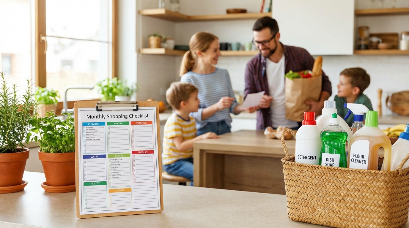 Checklist mua sắm hàng tháng với giỏ hàng đồ gia dụng gia đình