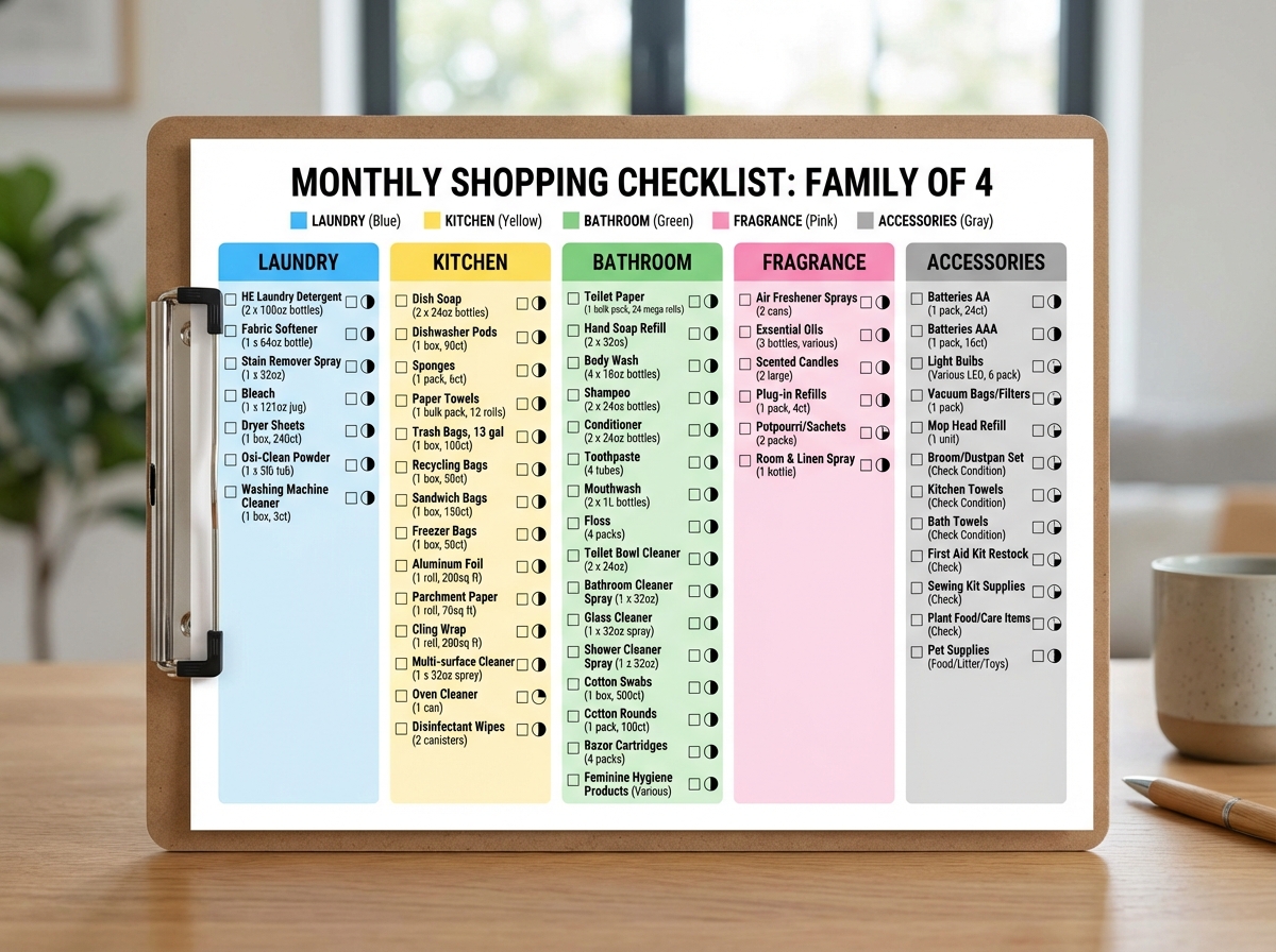 Checklist mua sắm đầy đủ theo 5 category với số lượng và tần suất