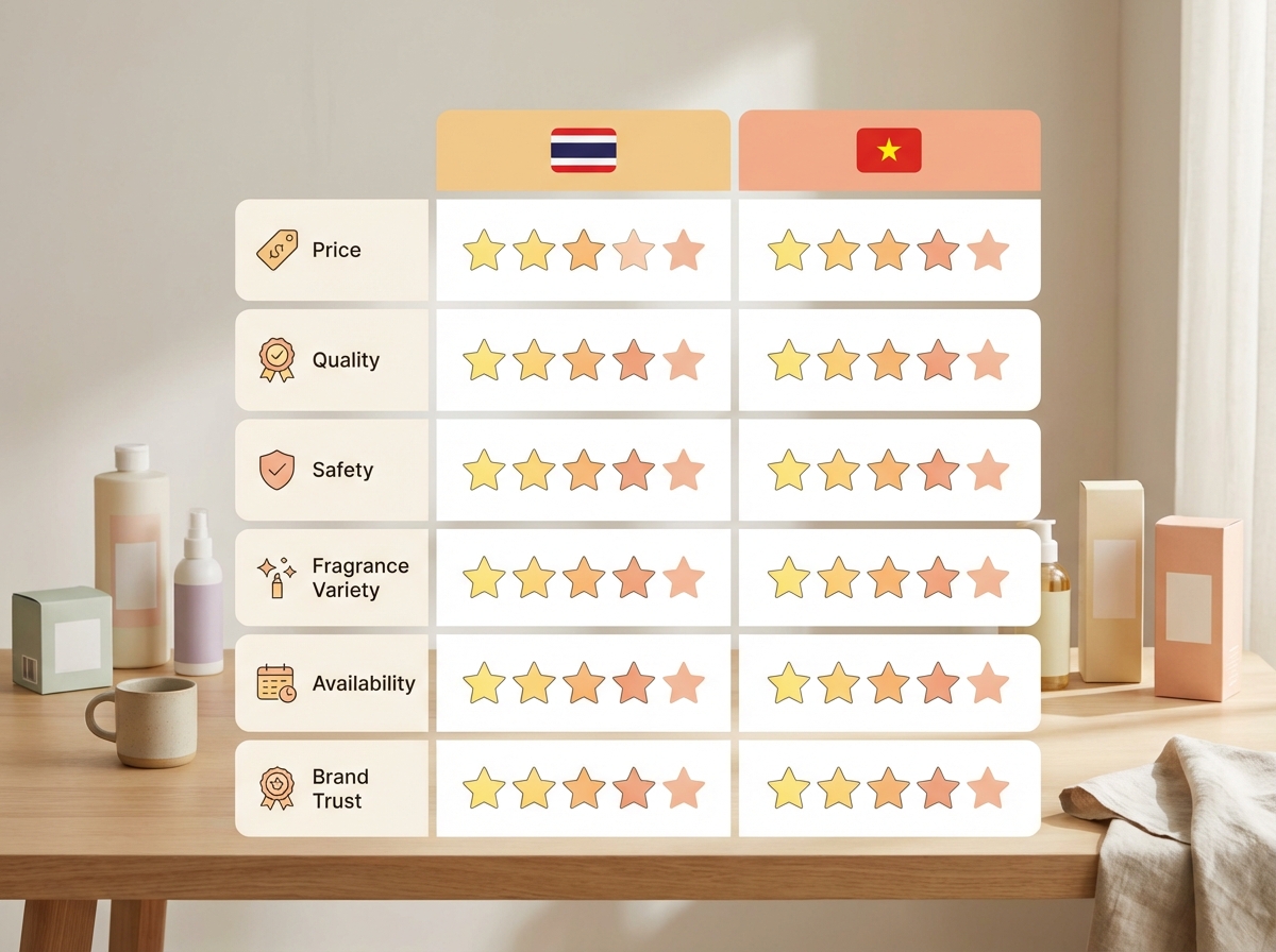 Bảng so sánh hàng Thái vs Việt theo 6 tiêu chí: giá, chất lượng, an toàn, hương, sẵn có, độ tin cậy